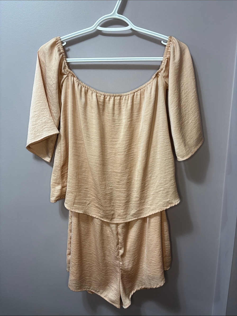 Brunette The Label Off-Shoulder Silky Blush Pink Satin One Piece PJ Romper